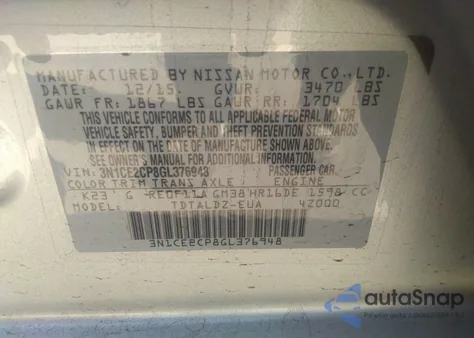 2016 Nissan Versa Note Sv z USA, uszkodzony, nr VIN 3N1CE2CP8GL376948